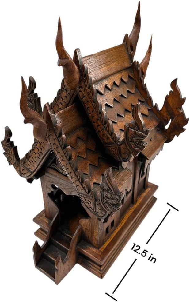 Large Wood Carved Thai Spirit House Model, Asian Inspired Home Decor, 15 Inches Tall
