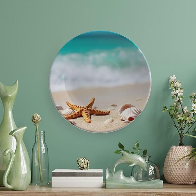 Starfish Theme Decorative Ceramic Plate Round Porcelain Plate,7 inch,Beach Pattern,for Decorative Ornaments Giving Plates,1 Plate with 1 Display Stand,Orange White