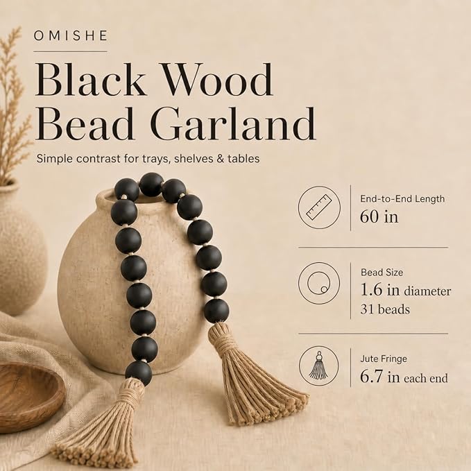 OMISHE 60" Long Extra Large Wood Bead Garland with 1.6" Diameter Wooden Beads and Tassels, Rustic Farmhouse Country Decorative Beads for Home Decor Tiered Tray Decor, Black