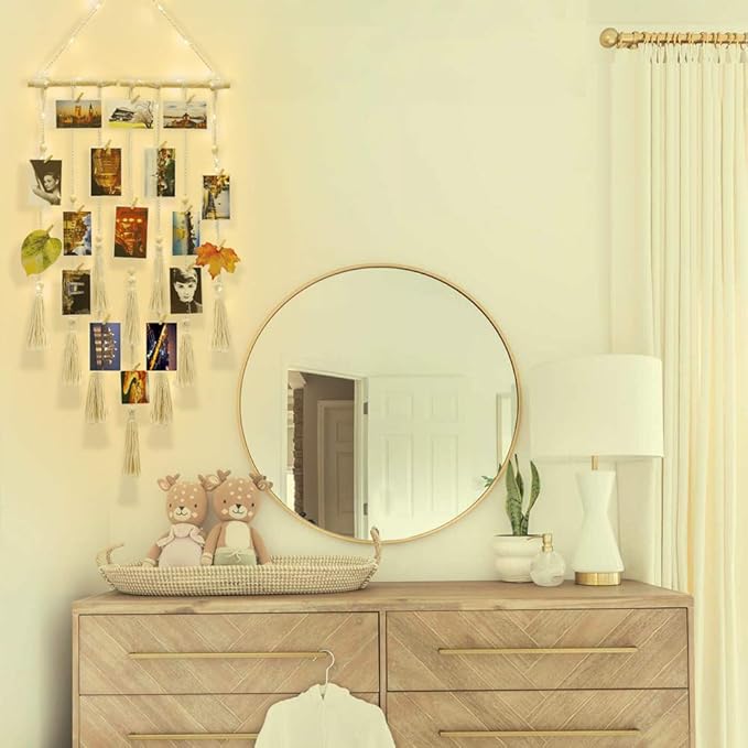 Homecor Hanging Photo Display Wall Decor, Macrame Wall Hanging Boho Room Bedroom Decor, Picture Frame Collage Board with Light 30 Clip, Christmas Teenage Teen Girl Gifts Ages 10 11 12 13 14 Years Old