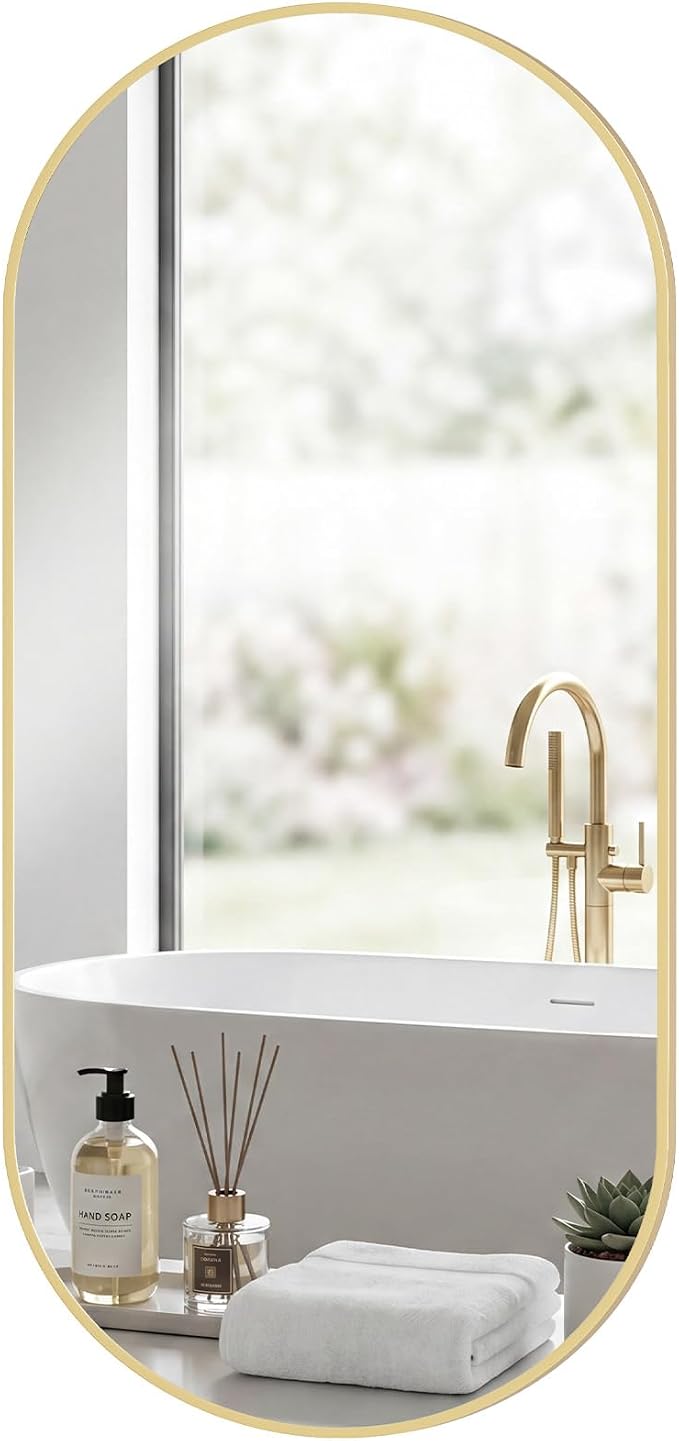 Sweetcrispy 24" x 48" Gold Bathroom Mirror for Wall, Oval Wall Mirrors with Metal Frame, Tempered Glass, Modern Vanity Mirror for Over Sink, Living Room, Bedroom, Entryway, Horizontal or Vertical