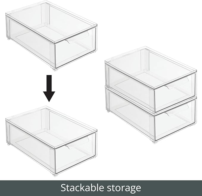 mDesign Plastic Storage Box with Drawer – Low Plastic Shoe Storage Bin – Stackable Box for Accessories etc. – Pack of 2 – Transparent