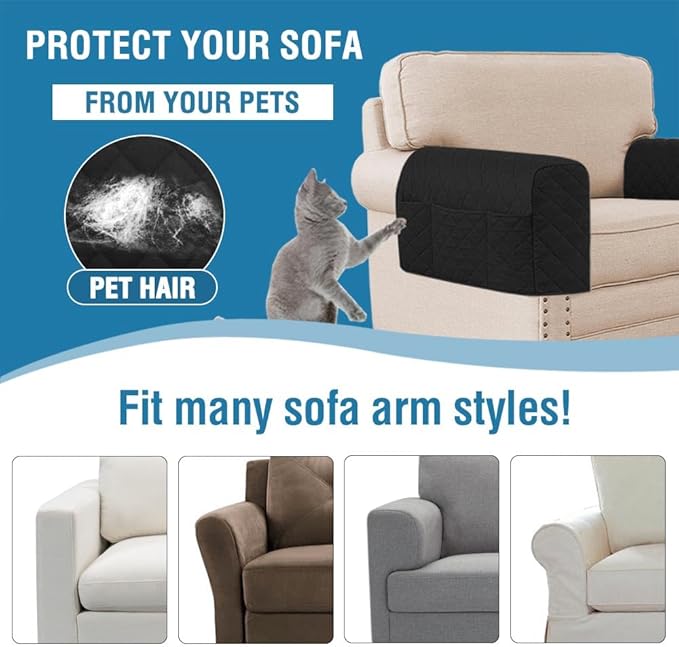 H.VERSAILTEX Couch Arm Covers Water Resistant Armrest Covers for Sofa Remote Control Holder Sofa Armrest Organizer for Magazine, Tablet, Phone, iPad(Set of 2, Black/Grey)