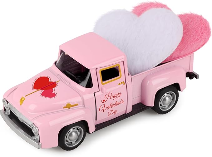 Valentine's Day Mini Metal Farm Truck with Pink and White Hearts Vintage Metal Pickup Romantic Love Model Truck Farmhouse Tiered Tray Decor for Shelf Kitchen Table Home Decor