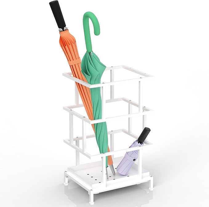Umbrella Holder for Entryway, Metal Umbrella Stand with Water Tray and Cane Holder, Adjustable Feet, 10.4 x 8.4 x 18.7 in, Suitable for Home, Office, and Shopping Mall (White)