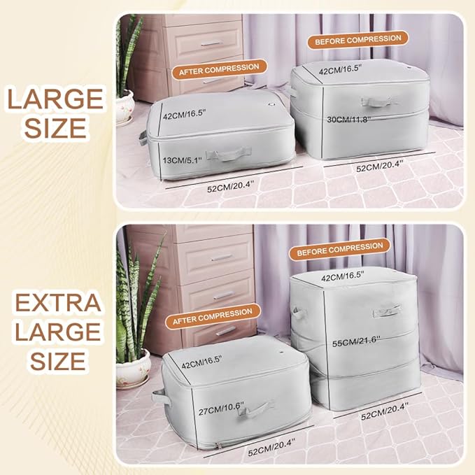 Space saver bag,for quilts, duvets or other fluffy clothing.Measures 21"L x 16.5"W x 21.2"H when unfolded and 21"L x 16.5"W x 10"H when compressed.Light Gray.