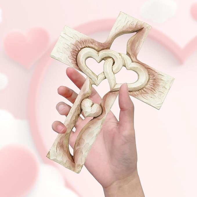 Oooct Carved Cross, Resin Cross Wall Decor, Intertwined Hearts & Never Separates Love, Great Christian Gift, Wall Art Gift, Home Living Room Decor - 6.85 × 5.12 Inch