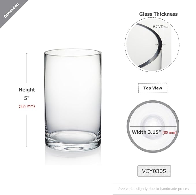 WGVI Quality Thick Clear Cylinder Glass Vase, 3" W x 5" H, Floral Container, Glass Candle Holder, Flower Vases, Wedding Centerpiece, Planter Terrarium, Table Top Home Décor Accent, 6 Pieces