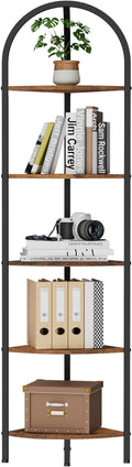 Homhedy 5-Tier Arched Corner Shelf Stand, Wall Corner Bookshelf with Metal Frame, Plant Stand, Industrial Storage Rack Shelf for Living Room, Bedroom, Office, Bathroom, Rustic Brown and Black