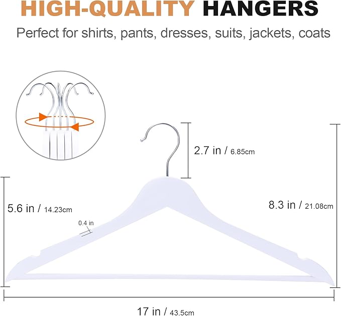 ELONG HOME Wooden Hangers 30 Pack, Wood Hangers with Extra Smooth Finish, Precisely Cut Notches & Chrome Swivel Hook, Wooden Clothes Hangers for Shirt Coat Jacket Dress, White