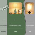 Small Bedside Table Lamp for Bedroom-Reading Desk Lamp Set of 2,with 3 Color Temperatures,15.5" Nightstand Ceramic Lamp with Fabric Shade for Kids Room,Living Room,Dorm,Home Office (Green)
