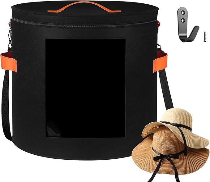 Oversized Hat Storage Box for Women & Men，19" D x 17" H Cowboy Hat Boxes with 1 Wood Hook Felt travel Round Hat Organizer Box with Dustproof Lid (Black)