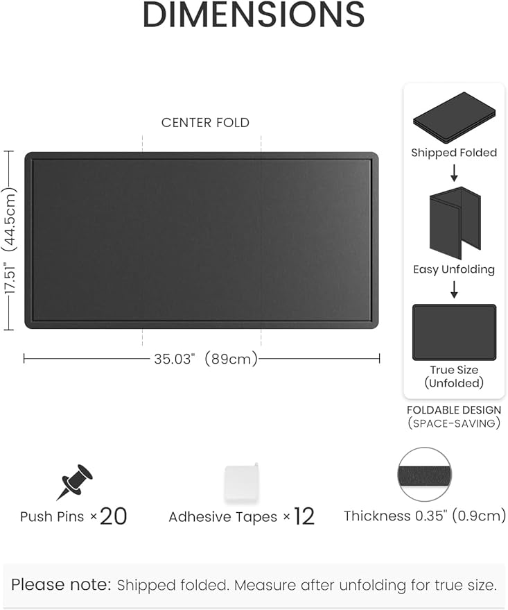 Fluxynara Bulletin Board, 35" x 17.5" Cork Board Alternative with 12 Safe Removable Adhesive Tabs, Foldable Felt Pin Board for Home Office, Classroom, Bedroom,Entryway for Walls—Black
