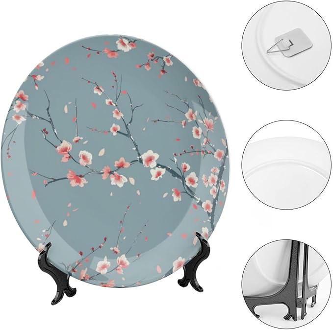 Japanese Spring Theme Decorative Ceramic Plate Round Porcelain Plate,Sakura Tree Branches Pattern,for Decorative Ornaments Giving Plates, 1 Plate with 1 Display Stand,Blue Pink,6 inch