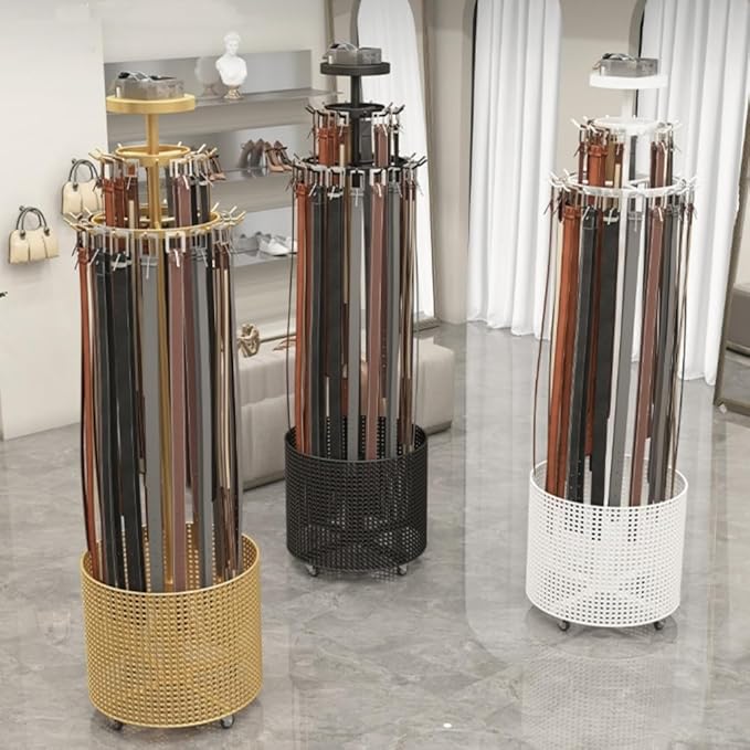 Floor Standing Belt Retail Rack, Rotating Belt Display Stand with Wheels, Metal Retail Display with Bottom Round Storage Basket, Commercial Retail Display Racks(Gold)