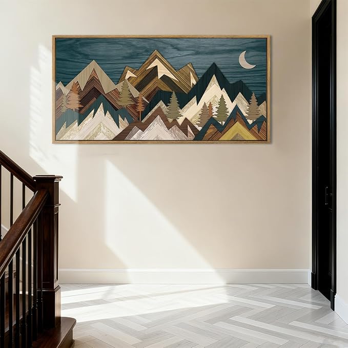BINCUE Mountain Wall Art Framed Mountain Wall Pictures Nature Forest Wall Decor Rustic Farmhouse Wall Paintings Moon Art Large Landscape Artwork for Farmhouse Living Room Bedroom Dining Room 20x40 Inch