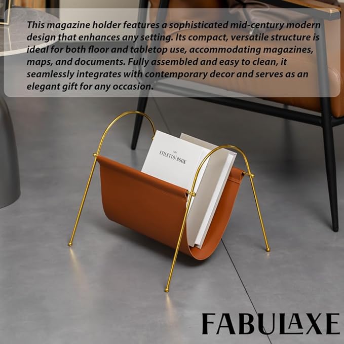 Fabulaxe 12-in Gold-Tone Metal Frame with Brown Leatherette Sling Magazine Holder for Living Rooms, Home Offices, and Waiting Areas - for Office Desk Accessories, Organizing Magazines and Newspapers