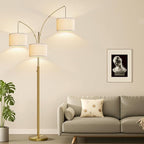 Dimmable Floor Lamp, 3 Light Brass Arc Floor Lamp, Modern Tall Standing Tree Lamp with White Linen Shades & Heavy Base, 3000LM LED Bulbs, Bright Lighting for Living Room, Bedroom, Office & Reading