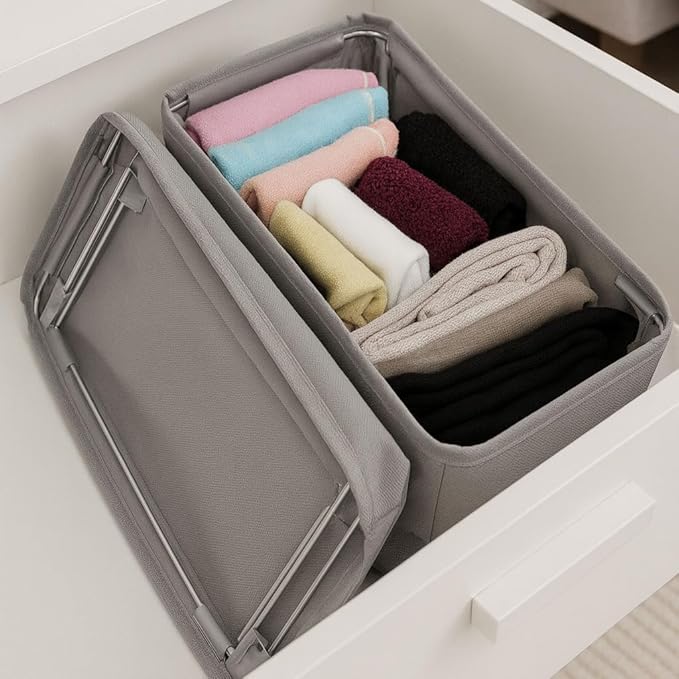 4-Pack Foldable Drawer Organizers with Metal Frame Support – Sturdy Fabric Storage Bins for Socks, Underwear, Baby Clothes & Belts, Closet Dividers (Grey) (11.8 x 5.9 x 4.21 inc)