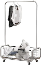 Garment Rack With Storage Baskets,Clothing Rack for Hanging Clothes, Multi-functional Bedroom Clothes Rack with Wheels for Bedroom, Living Room, Easy Assembly (40inch lenght)