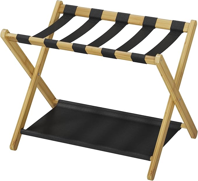 Luggage Rack, Folding Luggage Rack for Guest Room, Bamboo Suitcase Stand Holds up to 131 lb, Luggage Stand with Storage Shelf for Hotel, Bedroom (1 Pack)
