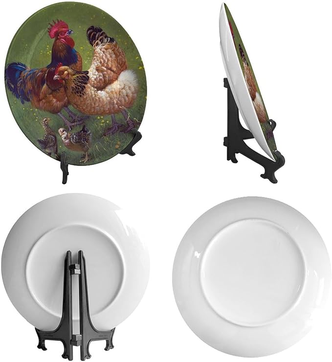 Rooster Decorative Plate Stand, 8 Inch, Rooster Chicks Hang Out on The Lawn Round Display Plate, Hanging Decorative Plate with Display Stand, for Wall Hanging Living Room Bathroom Decor Gift