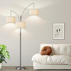 Dimmable Brushed Nickel Floor Lamp, 3 Light Arc Floor Lamp, Modern Tall Standing Tree Lamp with White Shades & Heavy Base, 3000LM Cool White LED Bulbs, Bright Lighting for Living Room, Bedroom, Office