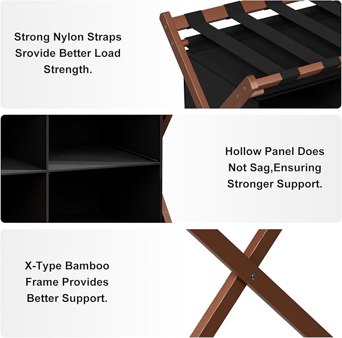 Bamboo Luggage Rack For Guest Room with 4 Storage Compartments, Foldable Suitcase Stand for Guest Room, 150lbs Capacity, Sturdy, Space-Saving and Easy to Assemble Organizer
