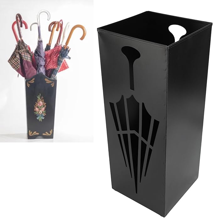 Square Metal Umbrella Holder, Umbrella Stand Rack for Entryway with Hollow Pattern, Fast Drying Rack Holder for Office and Entryway (Black)