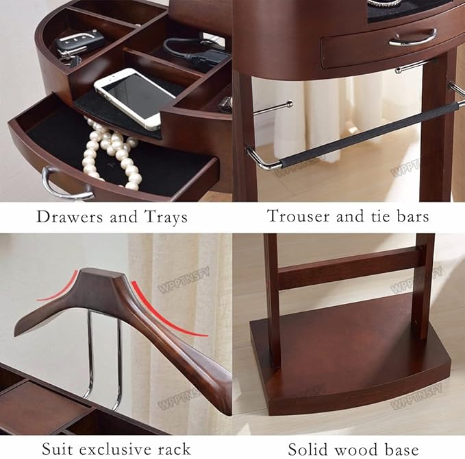 Suit Valet Stand for Men, Freestanding Clothes Valet Stand with Base, Walnut Color