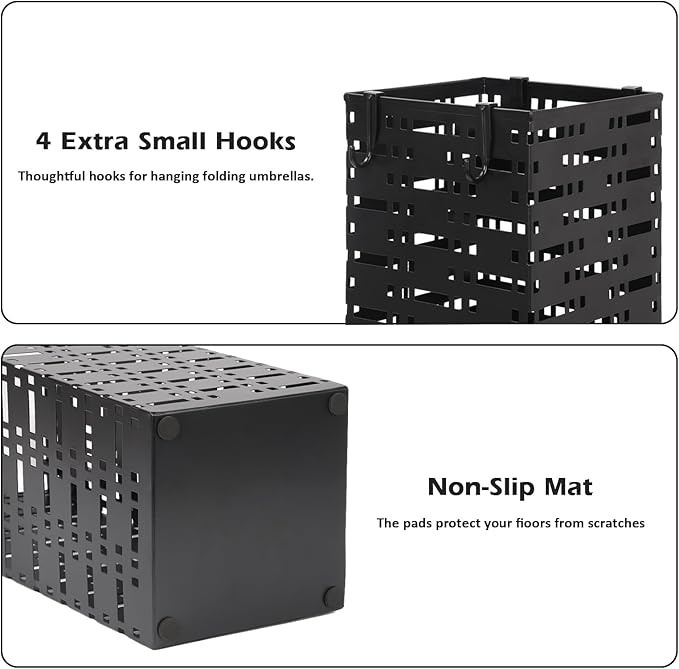 Tefola Metal Umbrella Stand ,Metal Umbrella Holder with 4 Hooks,Square Mesh Umbrella Holder for Home, Entryway, Office, Hotel & Supermarket(Black, 16.5 x 6.5 x 6.5Inch)
