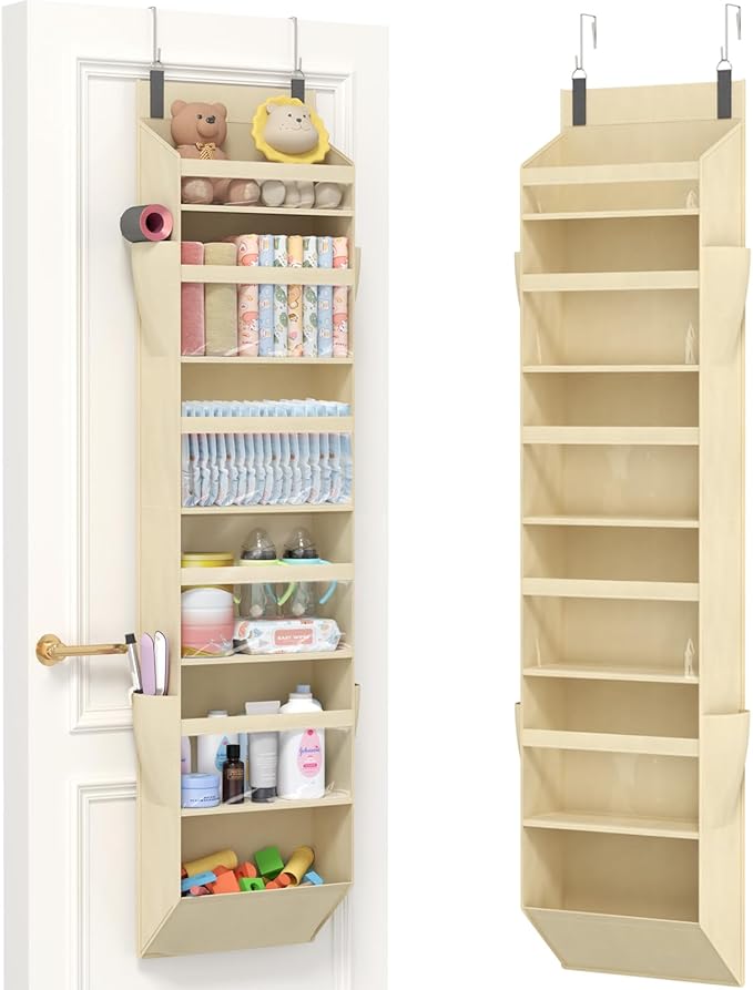 Lifewit 1 Pack Over the Door Organizer, Clear Window Hanging Storage with 4 Side Pockets, Anti Tilt 40 lbs Load Behind Door for Pantry, Nursery, Bathroom, Bedroom, Dorm, 6 Section, Beige