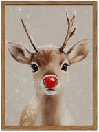 Framed Christmas Wall Art, Vintage Red Nose Reindeer Canvas Wall Decor Paintings, Rustic Winter Cute Deer Pictures Prints Farmhouse Home Decoration for Living Room Bedroom 12×16 inch