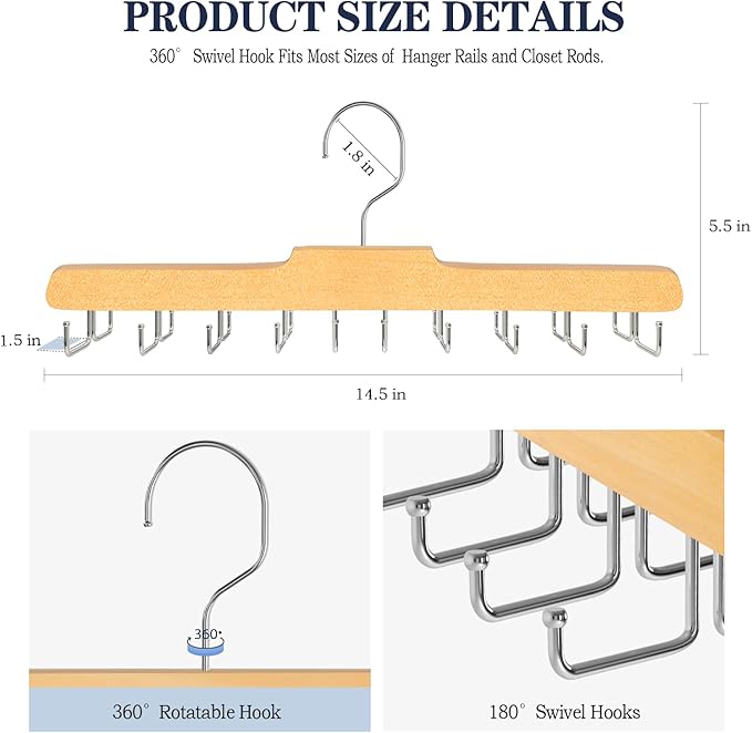 2PC Tie Rack Hanger for Closet Fitnice Upgraded Non Slip Tie Holder Organizer Space Saving with 20 Foldable Hooks Wooden Belt Hanger for Tank Tops Bras Cami Scarves
