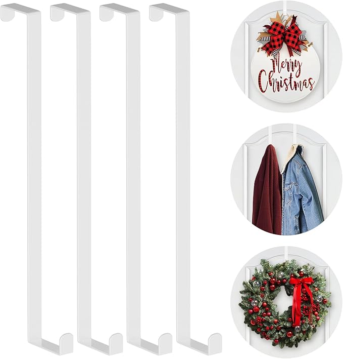 Booda Brand 14" Over The Door Hooks, 4 Pack Widen Wreath Hangers Fit The 1-3/4" & 1-3/8" Door Thicknesses, Z-Shaped Metal Door Hanger Hooks for Hanging Wreaths, Hats,and Clothes (White-4Pack)