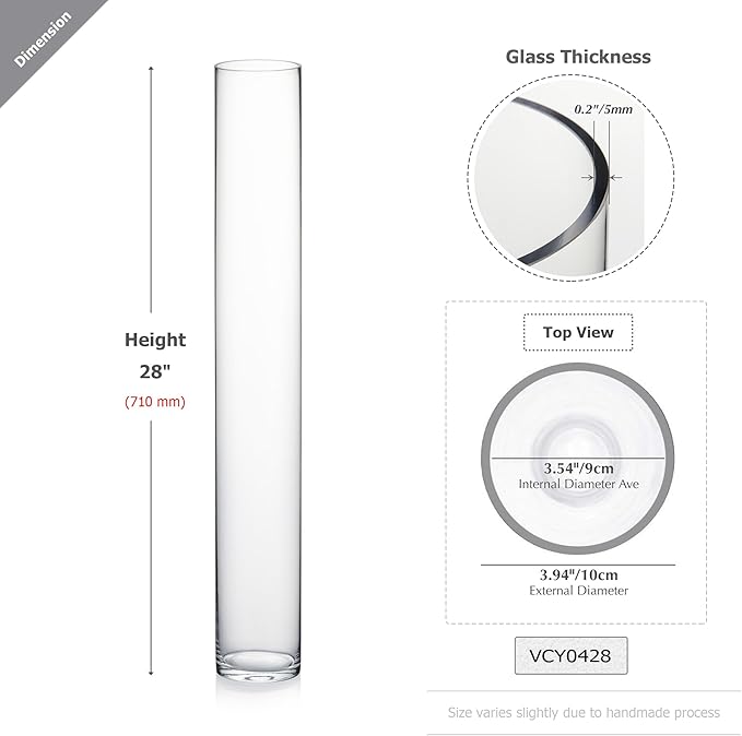 WGVI Quality Thick Weighted Tall Clear Cylinder Glass Vases, 4" W x 28" H, Flower Arrangement Floating Candle Holders Wedding Centerpieces Event Floral Container Display Décor, Bulk Wholesale, 6 Pcs