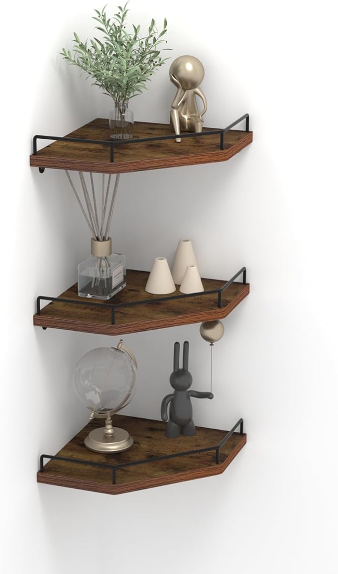 Trwcrt Corner Shelf Wall Mounted Set of 3, Floating Wall Shelves Rustic Wooden Storage Shelves for Bedroom, Bathroom, Living Room, Brown