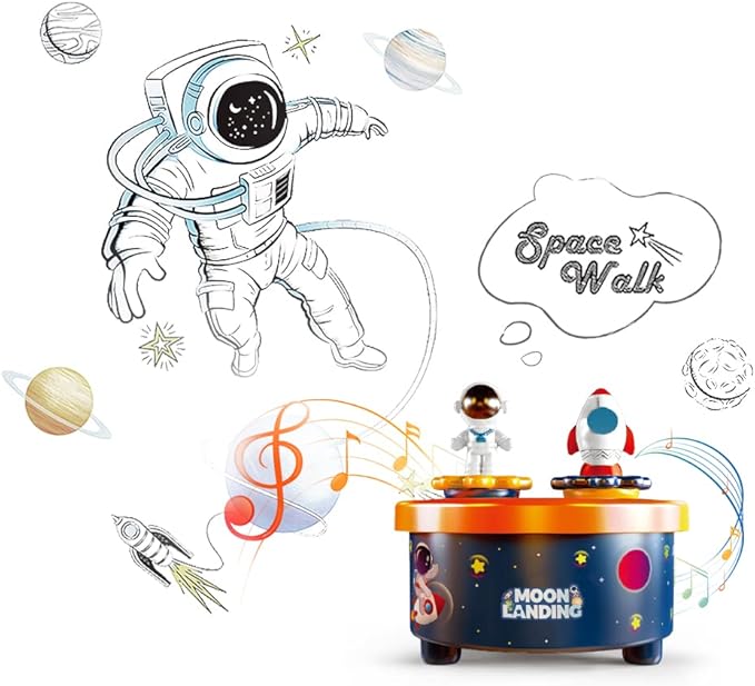 Moon Landing Music Box with Astronaut & Rocket Figures – Wind-Up Musical Space Toy Plays “Fly Me to the Moon” – Spinning Cake Topper Decoration – 4+ Minute Playtime – Birthday Gift for Kids & Adults