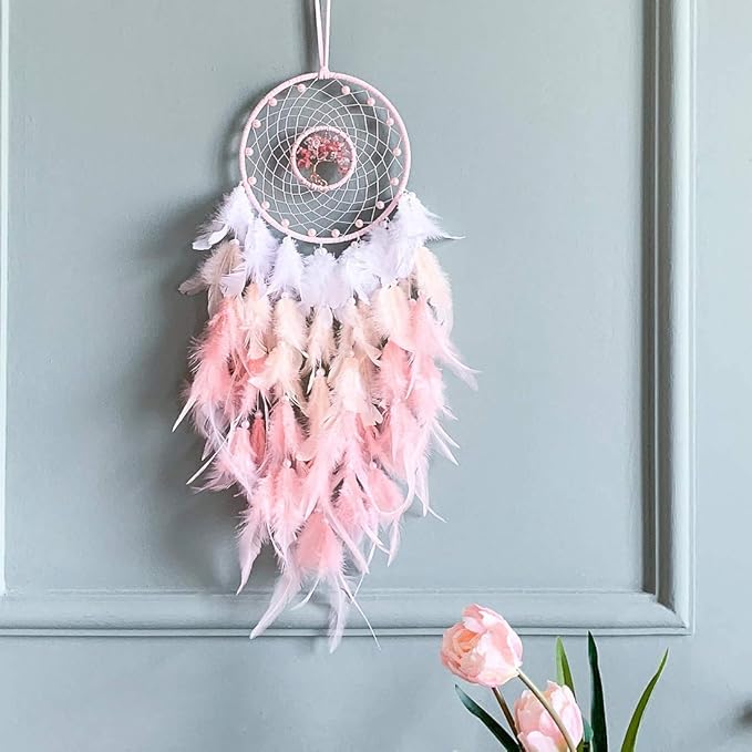 Dream Catchers, Pink Dream Catcher Tree of Life Wall Decor, with Natural Healing Crystal Stone, Perfect Pink Crystal Handmade Dreamlike Dream Catchers for Girls Bedroom Decor Art Craft Gift