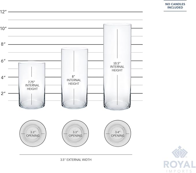 Royal Imports Glass Cylinder Vases for Centerpieces – Set of 3 Clear Hurricane Vases for Wedding, Table Decor, Floating Candles, Flowers, Candle Holders, Extra Tall Clear Vase Set, 6" / 8” / 11”