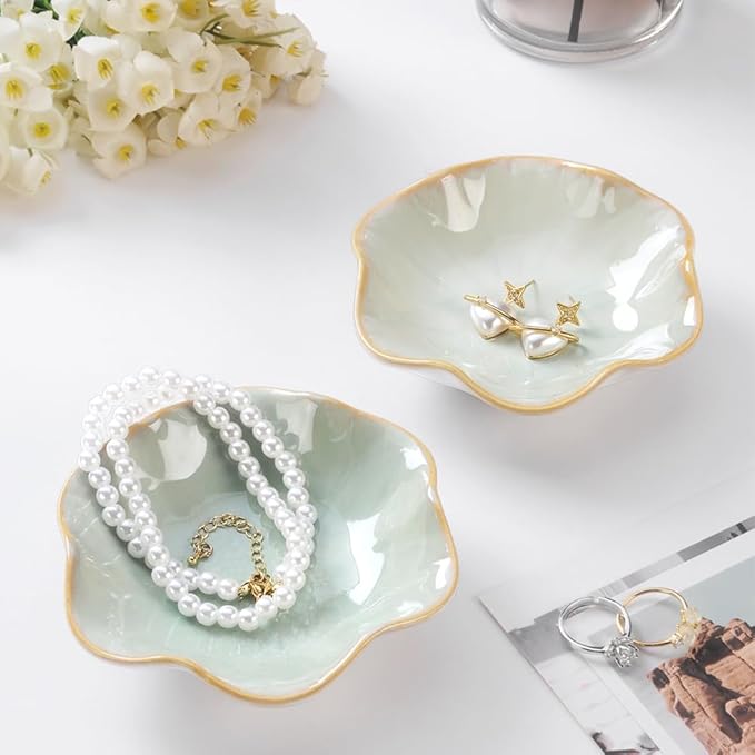 JAMEND CLXP 2PCS Lotus Leaf Shape Ring Holder Dish, Small Key Bowl, Ceramic Trinket Tray Jewelry Dish Organizing Necklace Earrings for Mom Friend Sister, All Jewelries Are NOT Included, Light Green.…