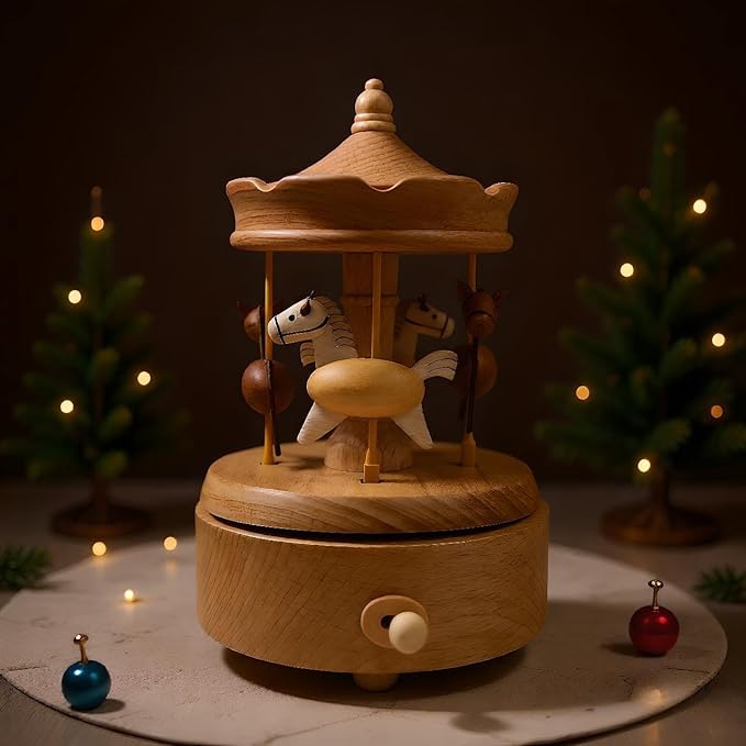 Briskfeel Wooden Carousel Music Box with Moving & Elevating Horses, Rotating Wind-Up Decor, Collectible Mechanical Musical Box, Timeless Gift