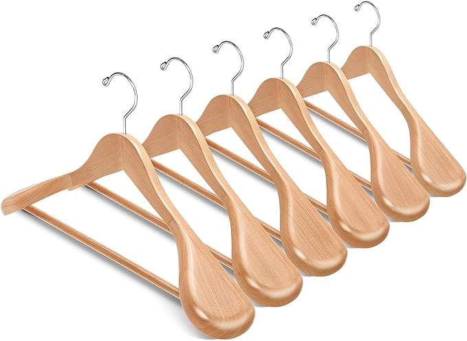 Amber Home 6 Pack Wide Shoulder Wooden Suit Hangers, Natural Wood Coat Hangers with Non Slip Pants Bar, Clothes Hangers for Jackets, Sweaters, Pants & Heavy Clothes (Natural, 6 Pack)