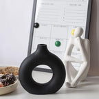 CEMABT Black Donut Vase Hollow Ceramic Vase for Flowers Handmade Minimalist Boho ins Style Modern Home Decor for Wedding Dinner Table Party Living Room Office Bedroom