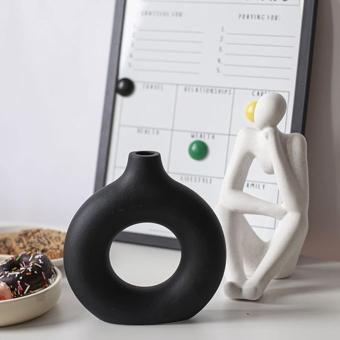 CEMABT Black Donut Vase Hollow Ceramic Vase for Flowers Handmade Minimalist Boho ins Style Modern Home Decor for Wedding Dinner Table Party Living Room Office Bedroom