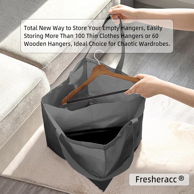 Clothes Hanger Organizer Holder for Space Saving, Fresheracc Hanger Triangle Storage Bag with Handles for Closet Tidier Laundry Rooms Wardrobe Drying Rack, Waterproof Container (Square Grey)