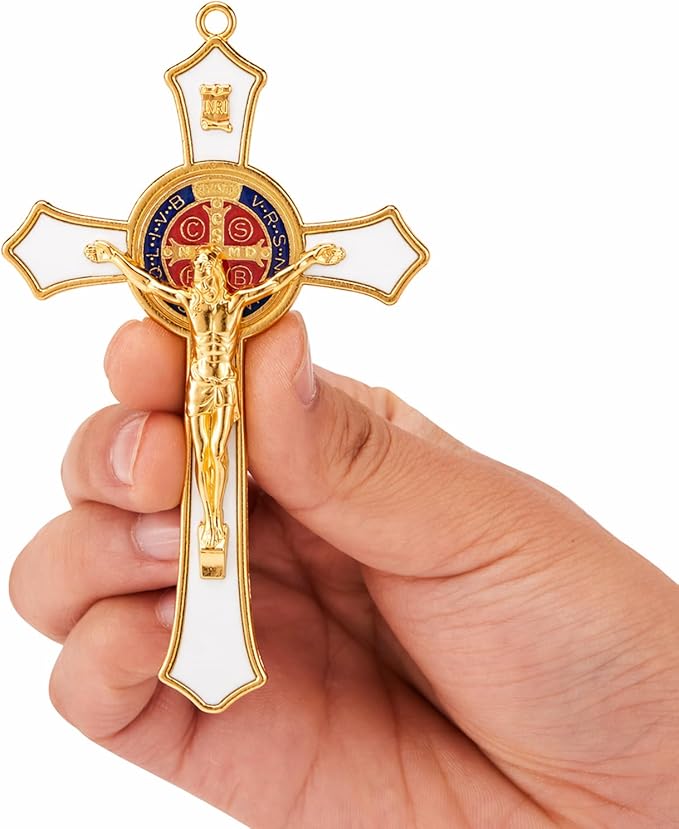 St Benedict Crucifix White,Crucifix Wall Cross for Catholic Decor,Medalla De San Benito,Jesus Christ Hanging Cross Wall Decor,Crucifijo Del Perdon,Saint Benedict Medal Prayer for Home Decoration