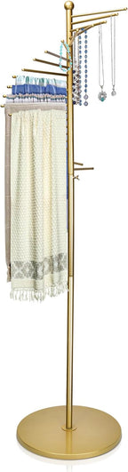 Metal Scarf Rack, Freestanding Spiral Scarf Holder Commercial Hijab Organizer Belt Pants Hanger 59‘’-67‘’ Height Adjustable with 22 Rods for Clothing Store Home, Space Saving Shelves (Color: Gold)