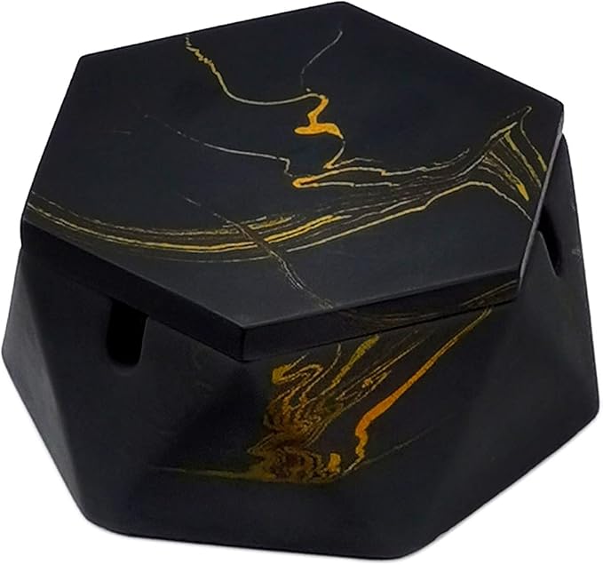 FREELOVE Concrete Ashtray with Lid & Stainless Steel Ashtrays for Cigarettes, Cement Ash Tray Smoking Holder Indoor Smokeless Outdoor Windproof Patio Home Office Cool Decor(Black-Gold, Small)