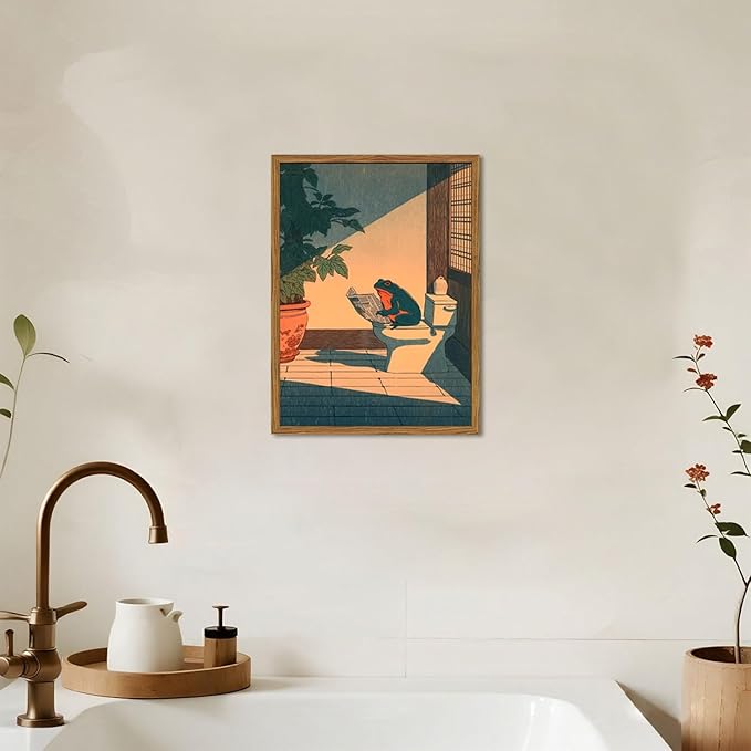 Funny Frog Bathroom Wall Art, Cute Japanese Frog in Toilet Wall Decor, Whimsical Green Animal Restroom Poster Canvas Painting Prints Artwork 16x24 inch Framed